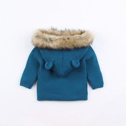 Baby cardigan Stevvex teal blue knit with fur-trimmed hood, back view, long sleeves on Tampa Home & Garden Store