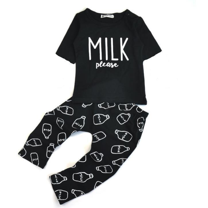 2-piece baby boy clothing set Stevvex black T-shirt and pants with milk bottle print on Tampa Home & Garden Store