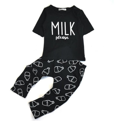 2-piece baby boy clothing set Stevvex black T-shirt and pants with milk bottle print on Tampa Home & Garden Store