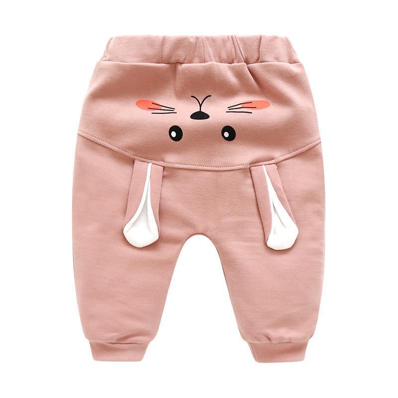 Stevvex pink baby pants with bunny face, high waist, white ear pockets, cartoon bottoms on Tampa Home & Garden Store