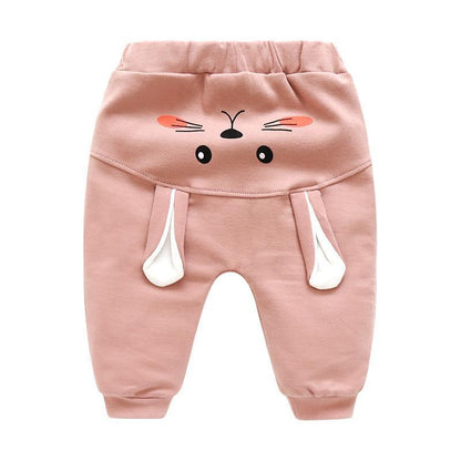 Stevvex pink baby pants with bunny face, high waist, white ear pockets, cartoon bottoms on Tampa Home & Garden Store
