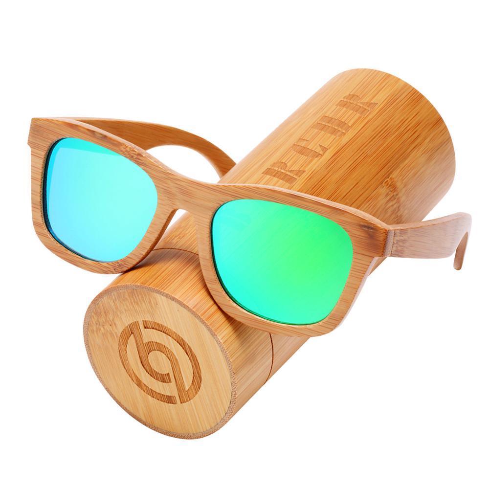 Stevvex handmade bamboo wood sunglasses with mirrored blue-green UV400 lenses on Tampa Home & Garden Store
