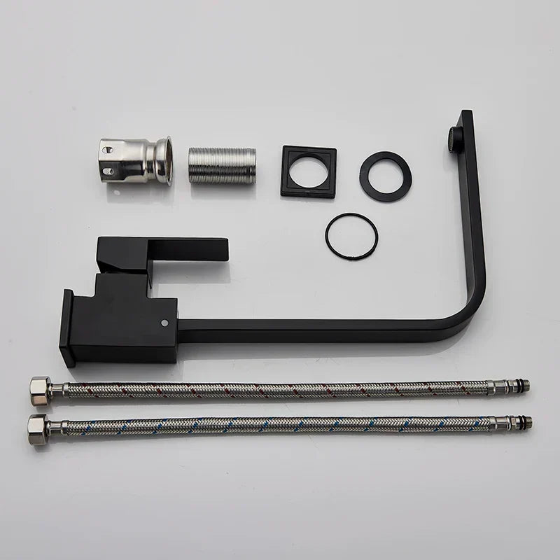 DecorBites kitchen faucet set in black with lever, 2 braided hoses and mounting hardware on Tampa Home & Garden Store