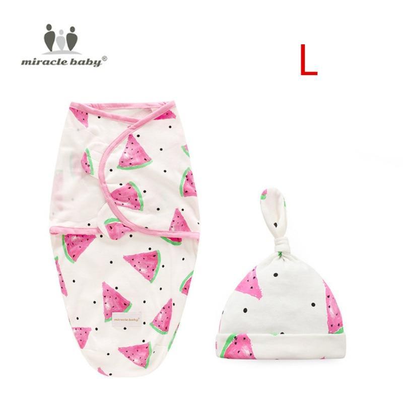 Stevvex baby swaddle blanket with cap, watermelon print on white with pink trim, 2pc set size L on Tampa Home & Garden Store