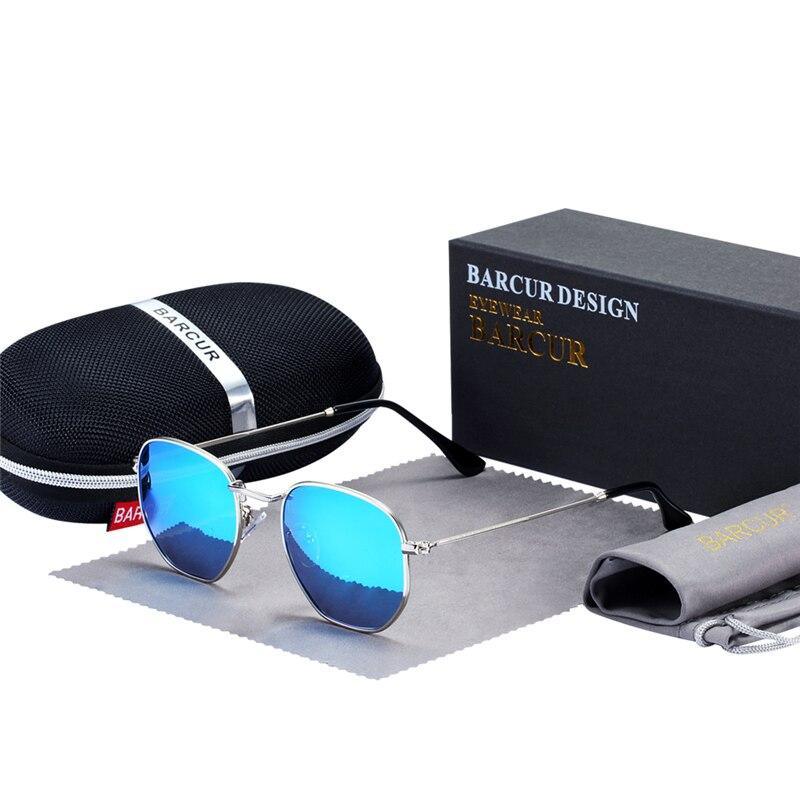 Stevvex sunglasses with blue mirrored lenses and stainless steel frame, Barcur Design case on Tampa Home & Garden Store