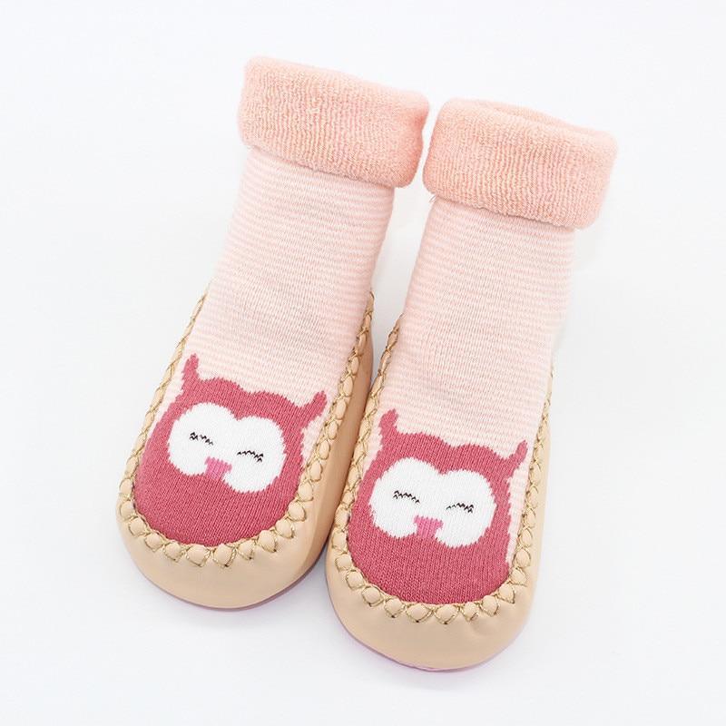 Stevvex baby warm booties sock with rubber soles pink knit beige sole pink owl face pair on Tampa Home & Garden Store