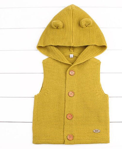 Knit hooded baby cardigan vest Stevvex mustard with bear ears, wooden buttons ST15BY08764ADFGO on Tampa Home & Garden Store