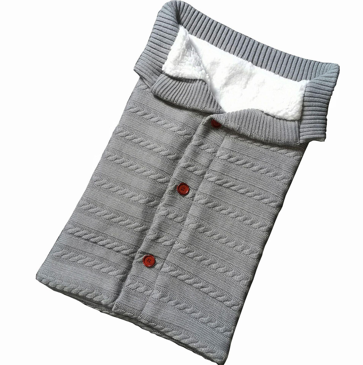 Swaddle blanket Stevvex gray knit exterior with white fleece lining and red buttons on Tampa Home & Garden Store