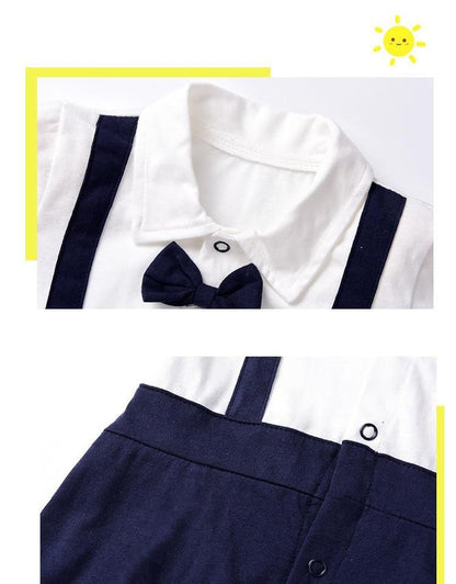 Stevvex newborn cotton romper set: white shirt with navy suspenders and bow, navy shorts on Tampa Home & Garden Store
