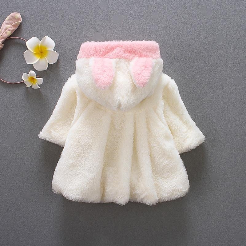 Stevvex newborn fur coat white plush with pink rabbit-ear hood, fluffy baby outerwear on Tampa Home & Garden Store