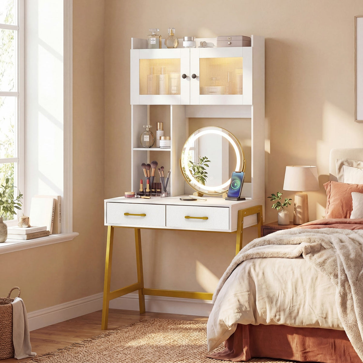 Vanity Desk with Rotatable Mirror and Lights DirectDeals, white with gold legs and mirror on Tampa Home & Garden Store