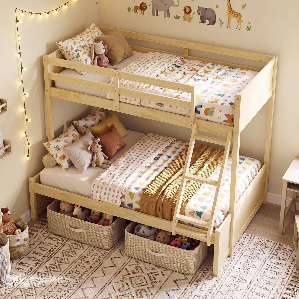 Twin over full bunk bed in natural pine by DirectDeals with 3-step ladder and under-bed baskets on Tampa Home & Garden Store