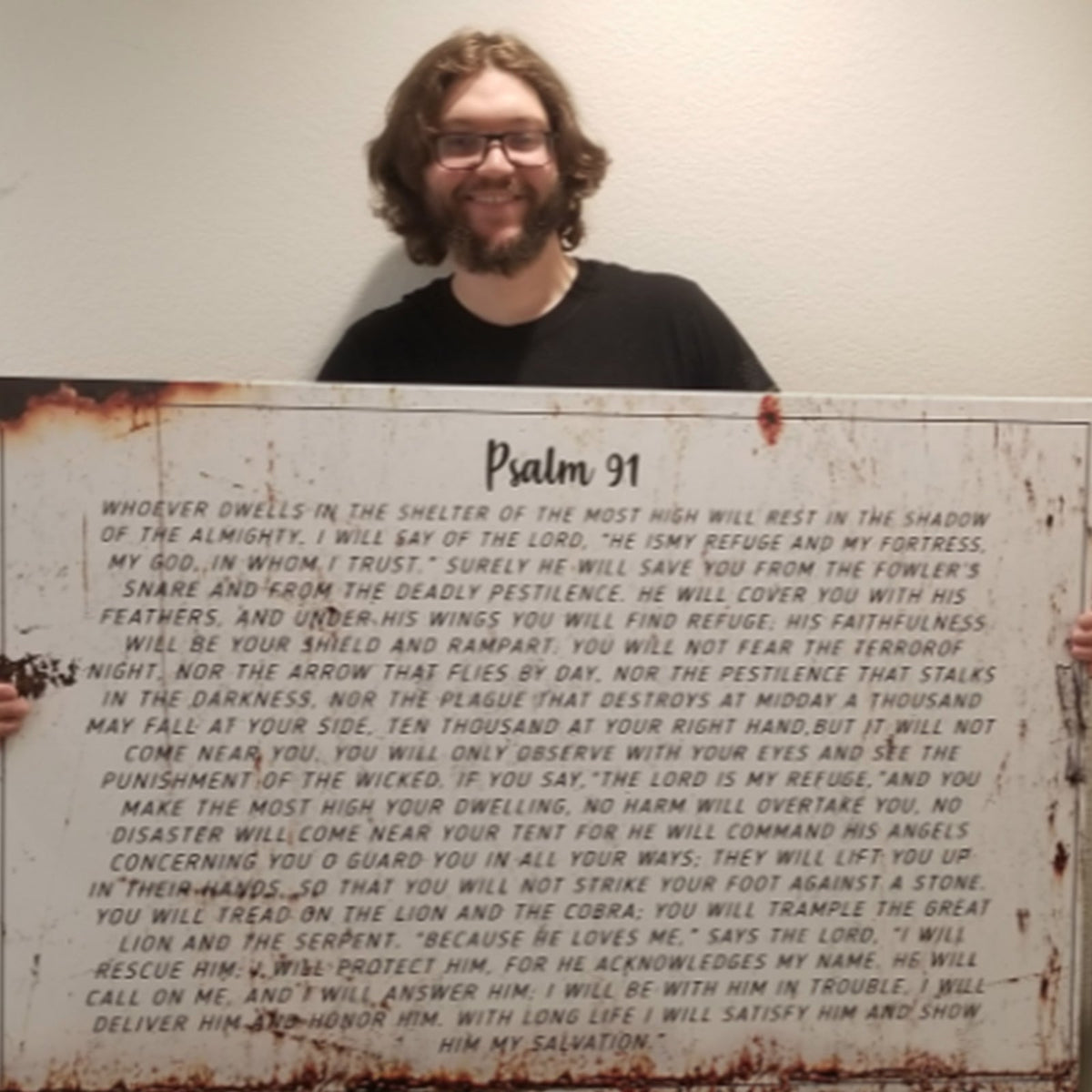 Canvas sign Psalm 91 He Is My Refuge by Tailored Canvases, crafting canvas, man in black shirt on Tampa Home & Garden Store