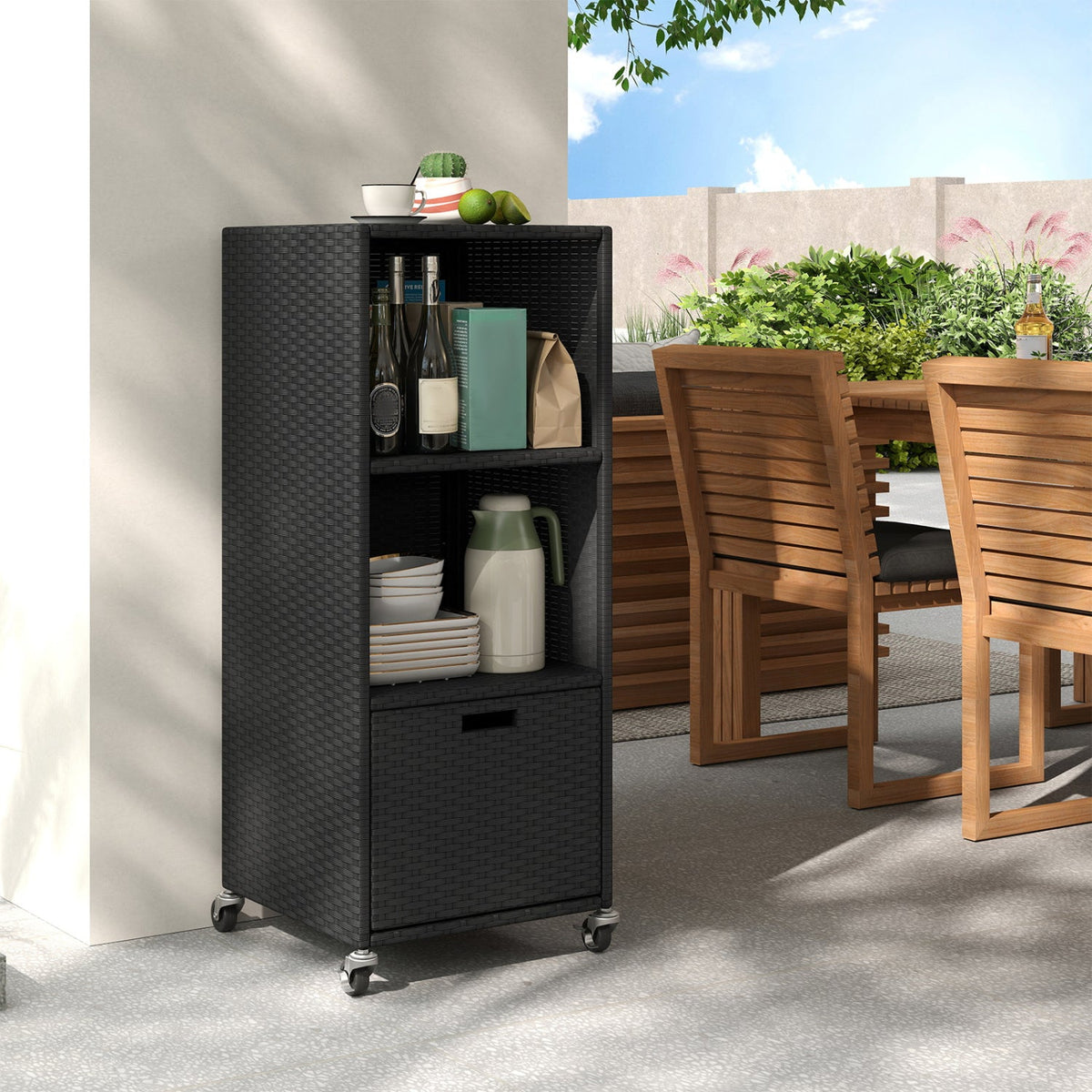 Outdoor storage cabinet with drawer and shelves by DirectDeals, black wicker on wheels on Tampa Home & Garden Store