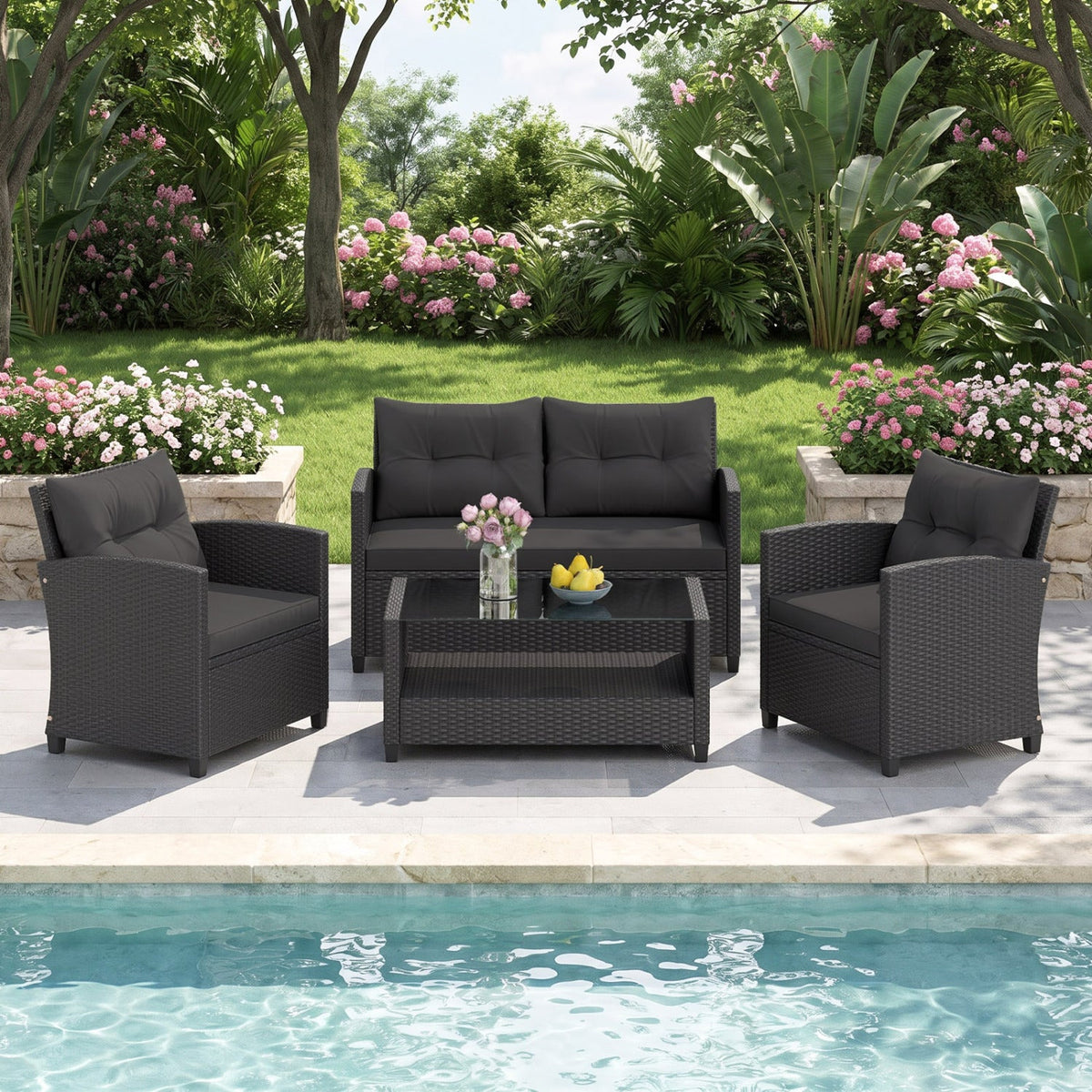 4 Piece Gray Rattan Patio Set with Coffee Table, loveseat & armchairs, DirectDeals on Tampa Home & Garden Store