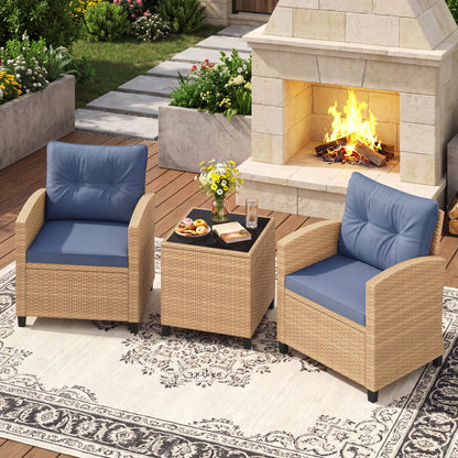 DirectDeals 3-piece wicker patio set with blue cushions and tempered glass table on deck on Tampa Home & Garden Store