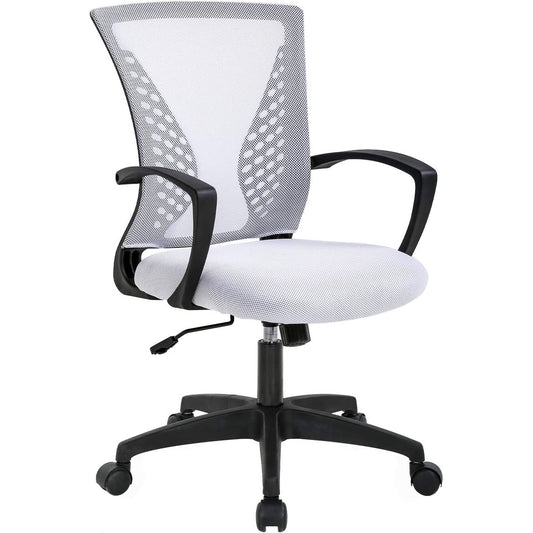Silla de oficina moderna blanca de malla ergonómica con respaldo medio, reposabrazos y ruedas