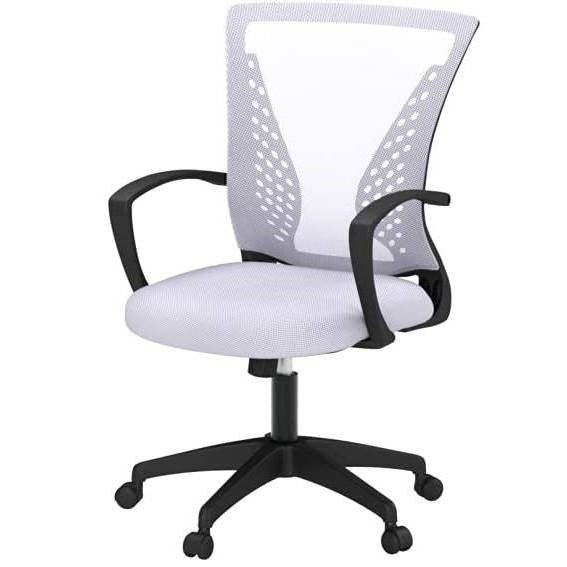 Silla de oficina moderna blanca de malla ergonómica con respaldo medio, reposabrazos y ruedas
