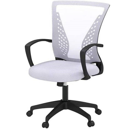Silla de oficina moderna blanca de malla ergonómica con respaldo medio, reposabrazos y ruedas