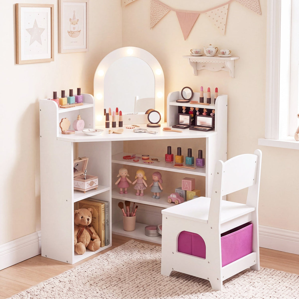 2 in 1 Kids Vanity Set with Lights by DirectDeals, white wooden vanity with illuminated arch mirror on Tampa Home & Garden Store