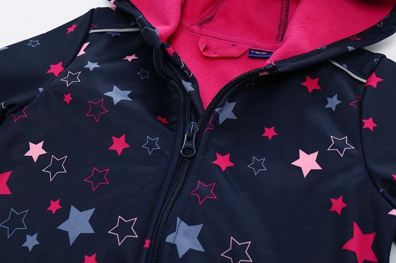 Stevvex kids ski jacket soft shell navy with pink and blue star pattern fleece-lined zip on Tampa Home & Garden Store