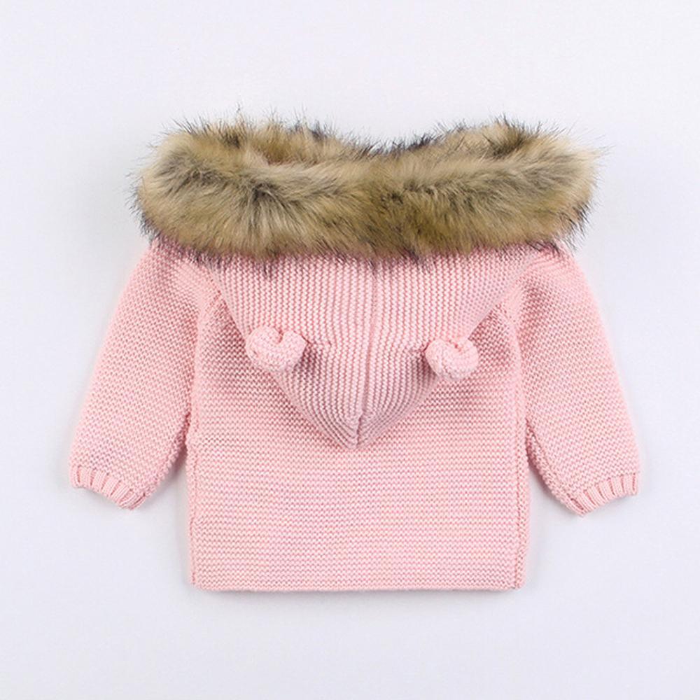 Stevvex pink knit baby coat with fur-trimmed hood and knot ties, newborn unisex outerwear on Tampa Home & Garden Store