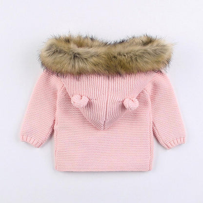 Stevvex pink knit baby coat with fur-trimmed hood and knot ties, newborn unisex outerwear on Tampa Home & Garden Store