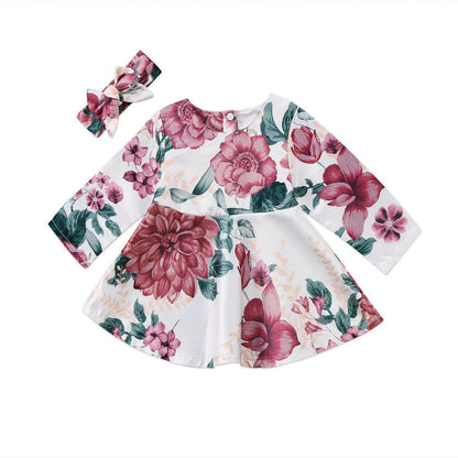 Newborn Stevvex floral long sleeve dress with headband 2pc set pink and green flowers on white on Tampa Home & Garden Store