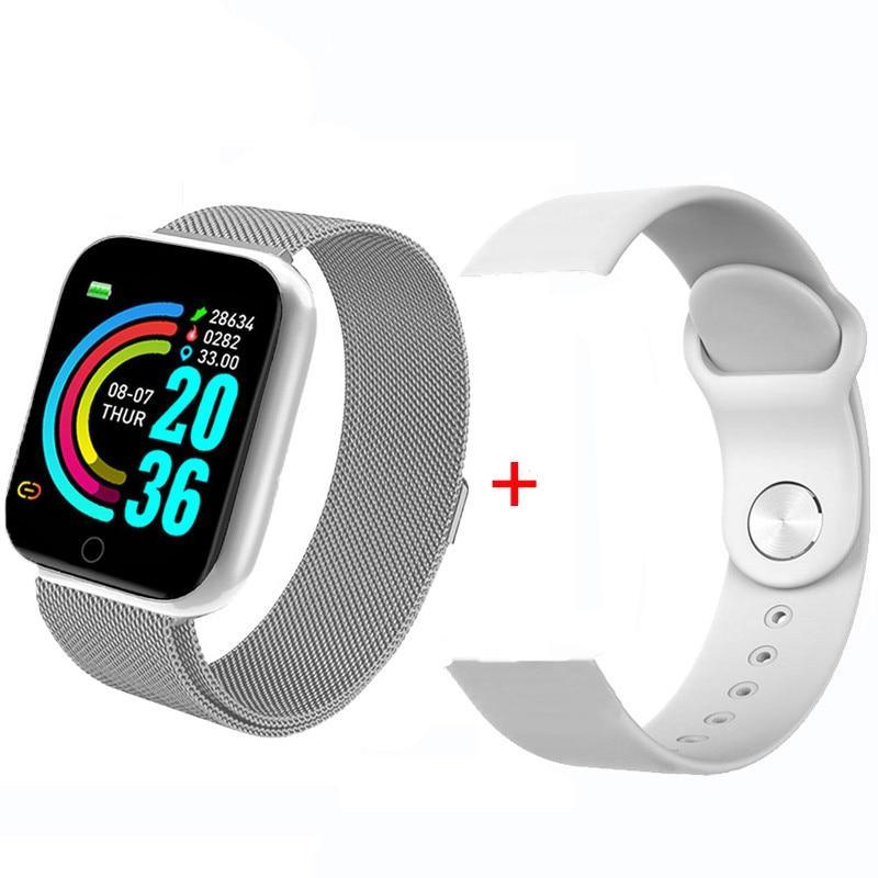 Stevvex stainless steel smart watch with silver mesh band and white silicone strap on Tampa Home & Garden Store