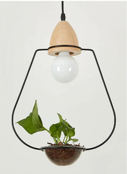 Art Deco LED Plant Pendant Light Wood Base Rustic Hanging Lamp for Dining Cafe Bar