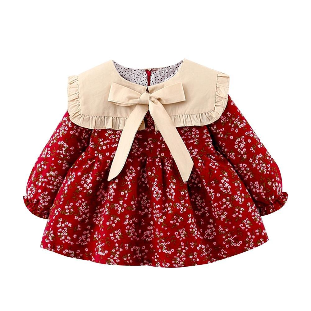 Modern Retro Girl Dress red floral cotton baby dress with beige collar and bow on Tampa Home & Garden Store