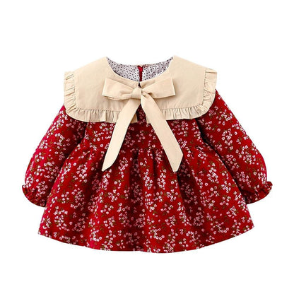 Modern Retro Girl Dress red floral cotton baby dress with beige collar and bow on Tampa Home & Garden Store