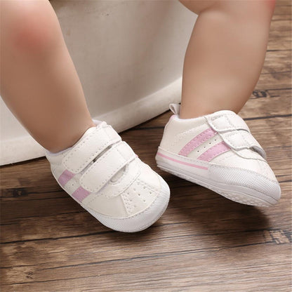 Stevvex white leather pre-walker sneakers with pink stripes and dual Velcro straps on Tampa Home & Garden Store