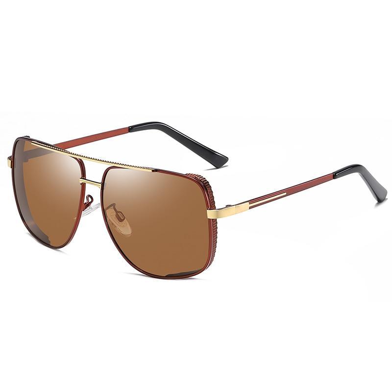 Stevvex square polarized sunglasses with brown lenses, red-brown frame, gold accents UV400 on Tampa Home & Garden Store