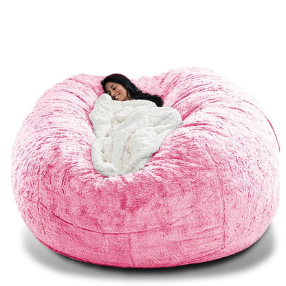 7Ft Large Bean Bag Giant Chairs pink fluffy fabric with person lounging inside on Tampa Home & Garden Store