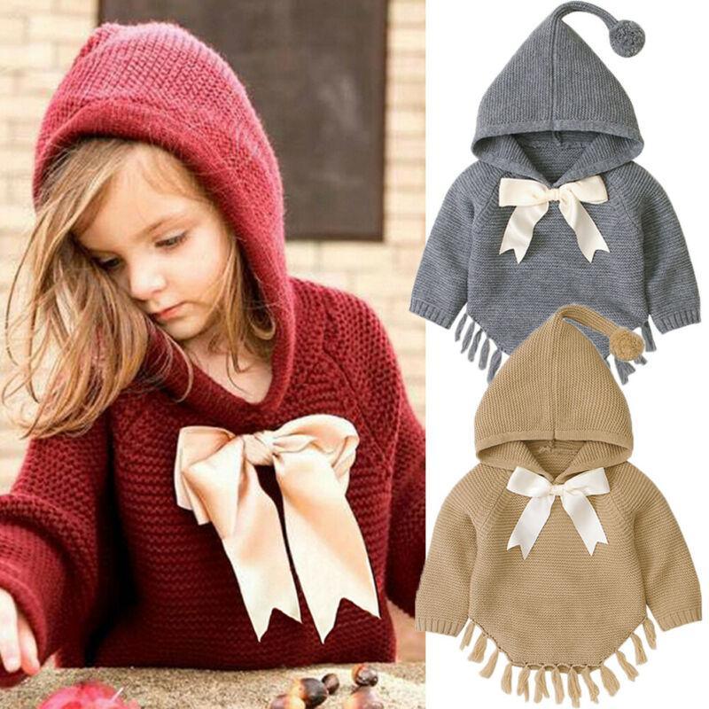 Stevvex toddler hooded knit coat set of 3 with bowknot details in red bluegray beige fringe hems on Tampa Home & Garden Store