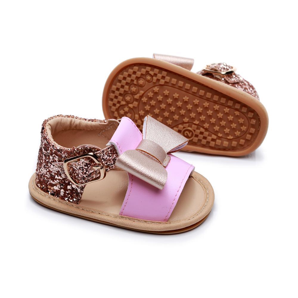 Stevvex baby girl sandals pair with pink strap, glitter back, bowknot, soft tan sole on Tampa Home & Garden Store