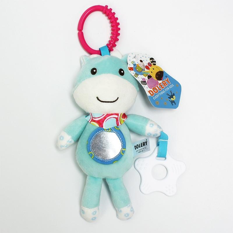 Stevvex turquoise plush baby rattle with pink ring and mirrored belly disc on Tampa Home & Garden Store
