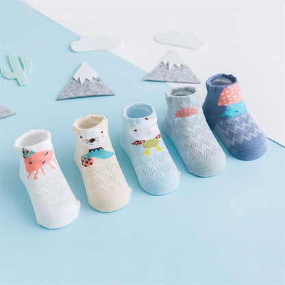 Stevvex 5-pair baby socks set thin combed cotton mesh socks for newborns with animal motifs on Tampa Home & Garden Store