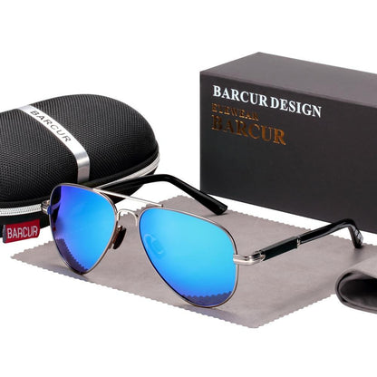 Barcur aviator sunglasses with blue mirrored UV400 lenses and metal frame includes case on Tampa Home & Garden Store