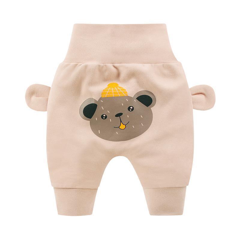 Stevvex beige baby pants with cartoon bear print, soft fabric, cuffed ankles on Tampa Home & Garden Store