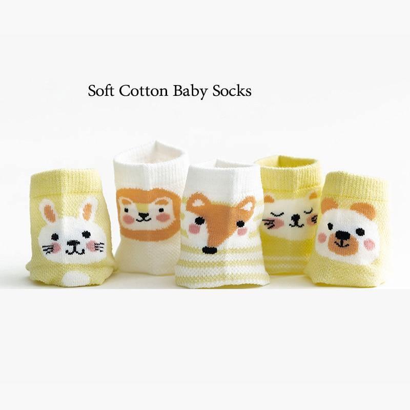 Stevvex Soft Cotton Baby Socks set of 5 with cute animal faces, pastel yellow/cream on Tampa Home & Garden Store