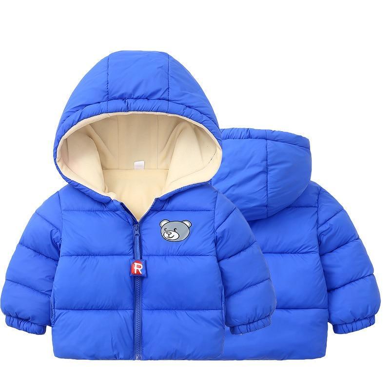 Blue infant hooded puffer jacket with beige lining and bear patch, front zip, two jackets on Tampa Home & Garden Store