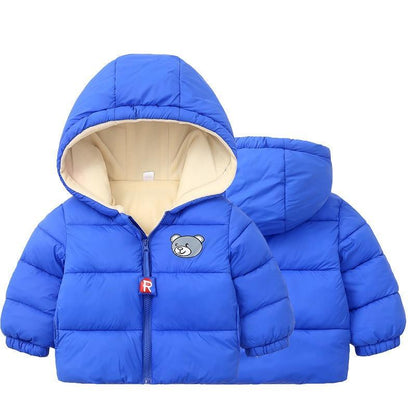 Blue infant hooded puffer jacket with beige lining and bear patch, front zip, two jackets on Tampa Home & Garden Store