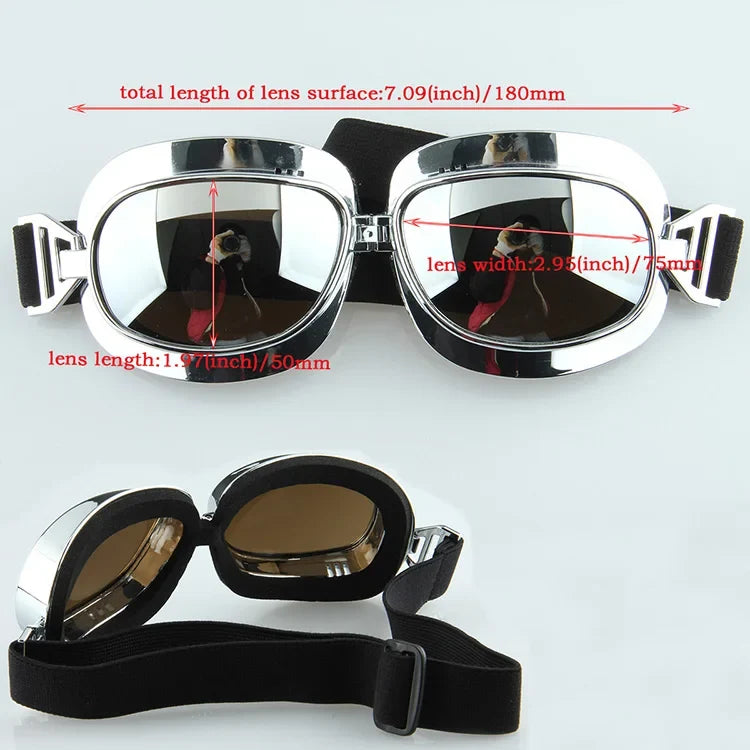 Motorcycle Goggles BikerZoneZ chrome frame windproof UV Harley; 2 clear brown lenses black strap on Tampa Home & Garden Store