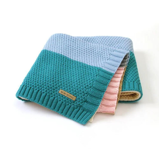 Stevvex knitted baby swaddle blanket set of 4 in teal, light blue, pink yarns on Tampa Home & Garden Store