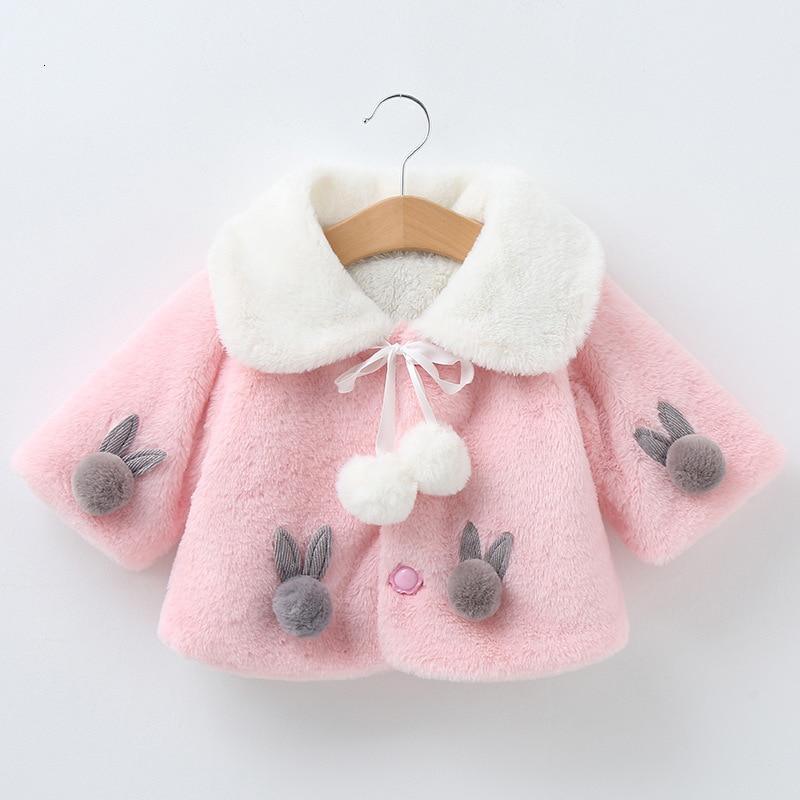 Stevvex pink baby coat with white faux fur collar, bunny appliques on sleeves and pom-pom ties on Tampa Home & Garden Store
