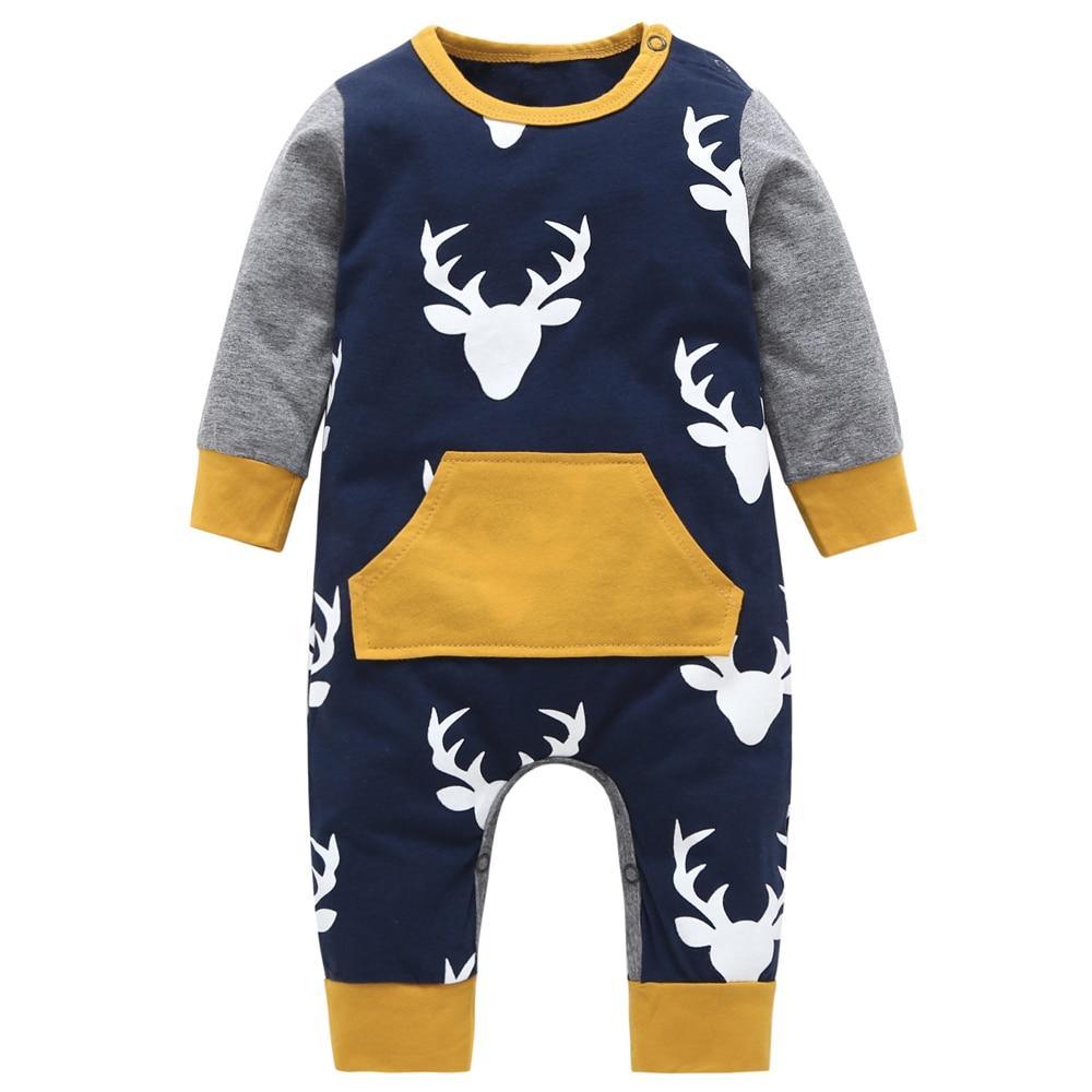 Baby romper Stevvex long sleeve deer head print navy body with gray sleeves and mustard pocket on Tampa Home & Garden Store
