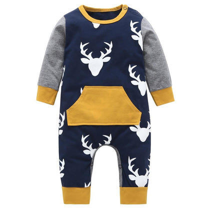 Baby romper Stevvex long sleeve deer head print navy body with gray sleeves and mustard pocket on Tampa Home & Garden Store