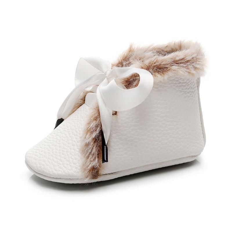 Stevvex baby PU boots white with fur trim, bowknot lace-up, soft anti-slip sole on Tampa Home & Garden Store